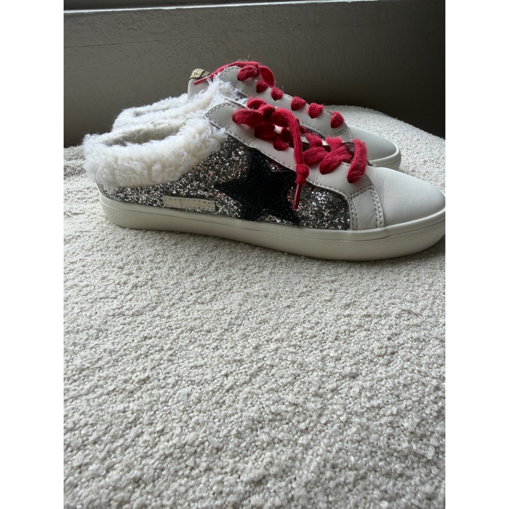 Vintage Havana‎ Gadol Silver Glitter Star Faux Fur Lined Mules White Red Laces